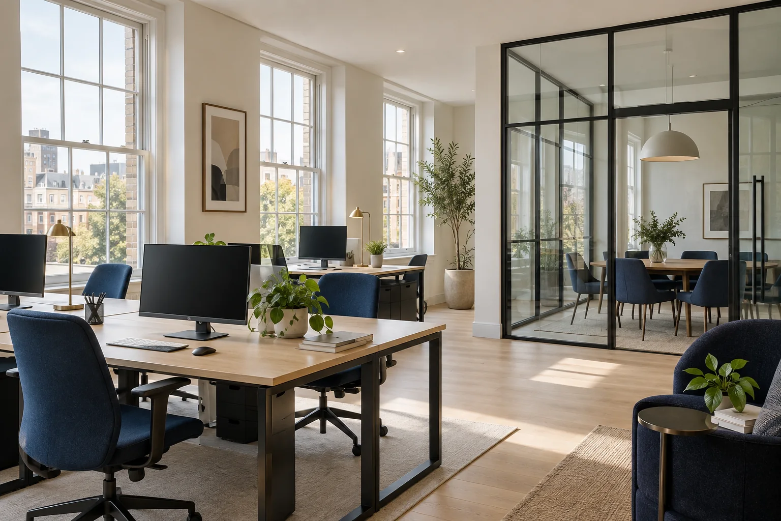 Illustrative bright office with blue chairs, clear desks and natural daylight